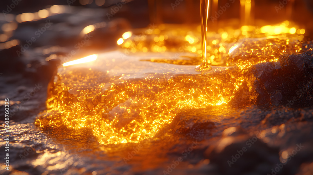 Molten Gold Pouring: Capturing a mesmerizing moment of molten gold pouring onto a textured surface, creating a captivating scene of wealth and transformation, illuminated by a golden glow.