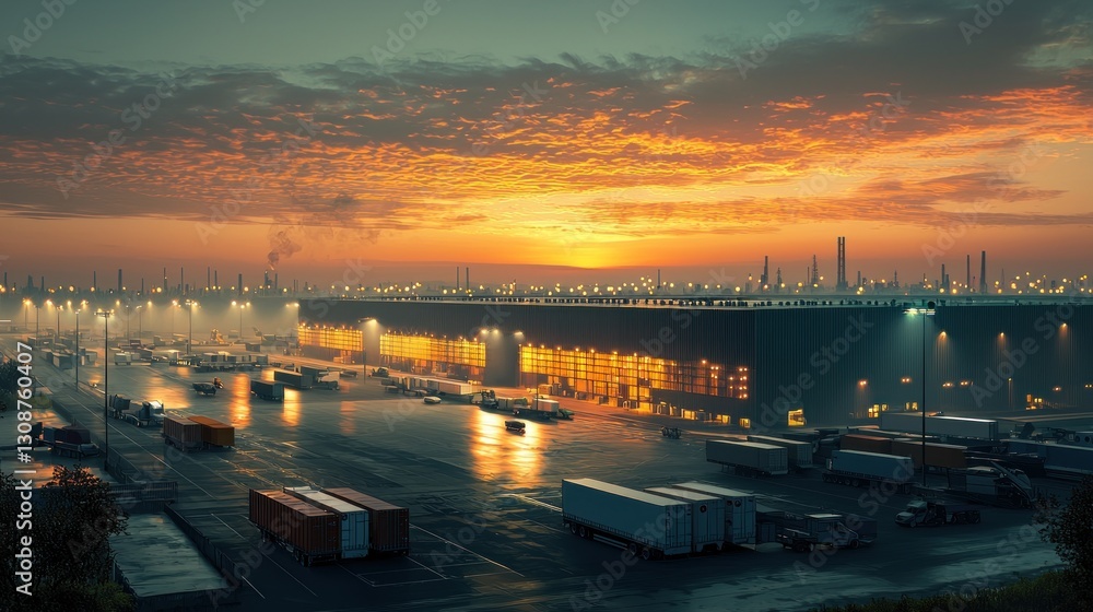 Fototapeta premium A large illuminated distribution center at sunset or sunrise