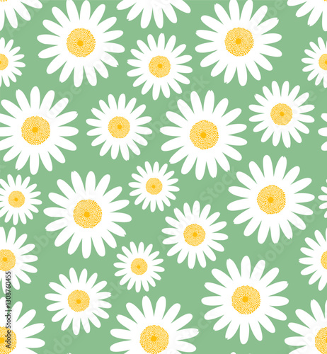 Large spring flowers white daisy green seamless pattern. Springtime daisies blossoms on jade green floral vector pattern.