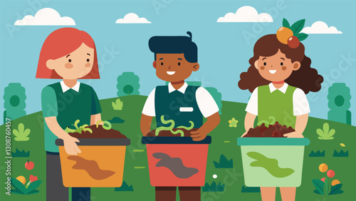 The schools compost bins teeming with worms and organic materials are carefully tended to by a team of dedicated student composters diverting waste. Vector illustration