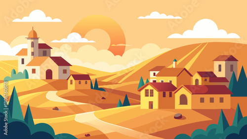The village seemed to bask in the suns gentle rays as if soaking up the promise of a fresh start.. Vector illustration