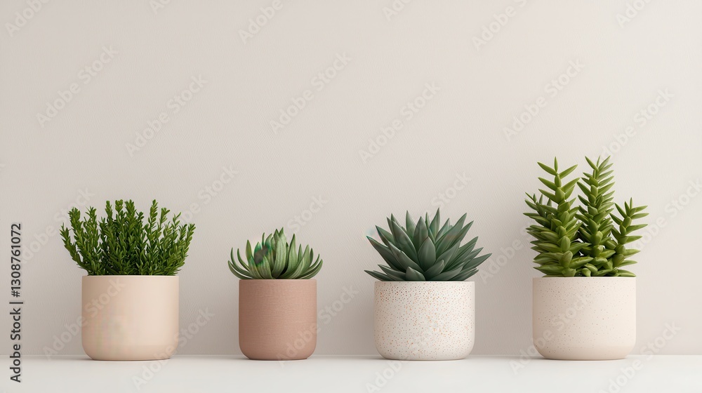 Elegant Arrangement of Varied Succulent Plants in Minimalistic Pots on Neutral Background Elegant Arrangement of Varied Succulent Plants in Minimalistic Pots on Neutral Background