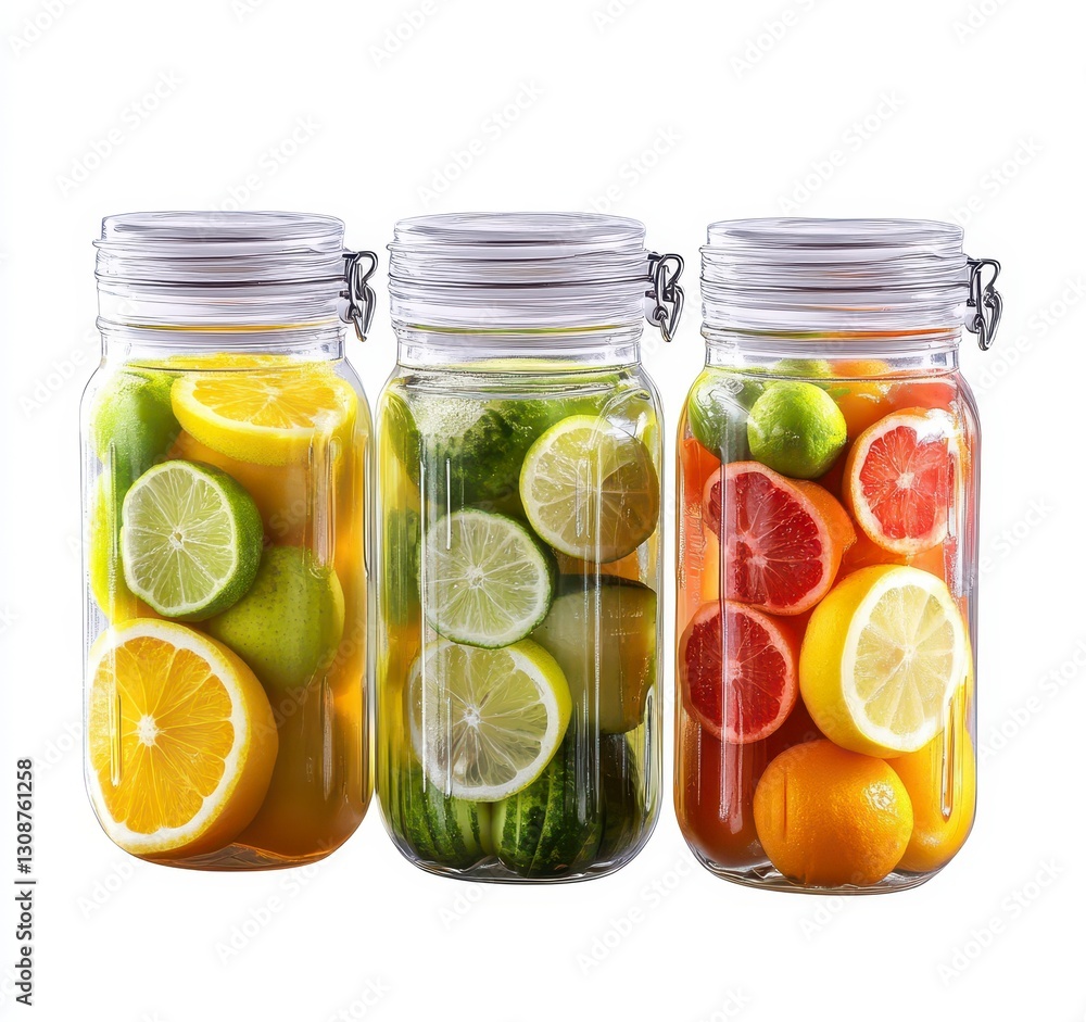 Fresh Fruit Infused Water in Glass Jars with Colorful Ingredients Fresh Fruit Infused Water in Glass Jars with Colorful Ingredients