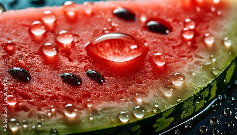 Macro shot of a watermelon slice with condensation droplets, highlighting its juicy freshness, vibrant red flesh, and texture, making it look irresistibly refreshing and full of summer essence.
Macro shot of a watermelon slice with condensation droplets, highlighting its juicy freshness, vibrant red flesh, and texture, making it look irresistibly refreshing and full of summer essence.