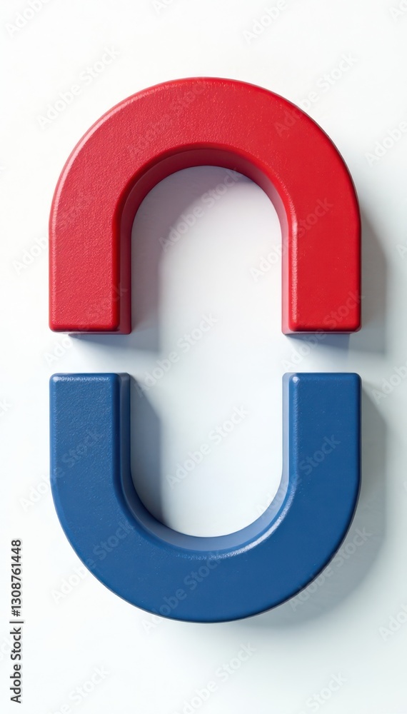 Two contrasting horseshoe magnets, red and blue, against pure white backdrop, power, colorful Two contrasting horseshoe magnets, red and blue, against pure white backdrop, power, colorful