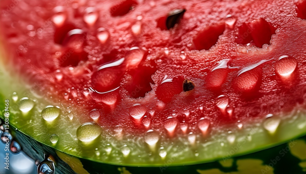 Macro shot of a watermelon slice with condensation droplets, highlighting its juicy freshness, vibrant red flesh, and texture, making it look irresistibly refreshing and full of summer essence.
Macro shot of a watermelon slice with condensation droplets, highlighting its juicy freshness, vibrant red flesh, and texture, making it look irresistibly refreshing and full of summer essence.