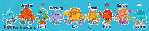 Groovy universe cartoon solar system. Cute cosmic characters with expressive faces, arms and legs in colorful sneakers. Friendly celestial bodies with names for educational design, children room decor