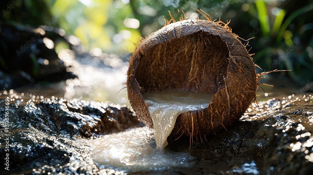 Obraz premium Coconut shell with coconut water pouring out on rocks near stream.
