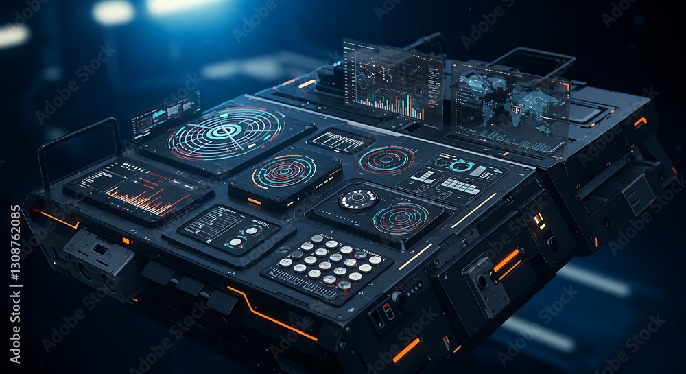 Fototapeta premium Futuristic Control Panel 3D Render: Cyberpunk Interface Design in a Dark Digital Environment AI Generated