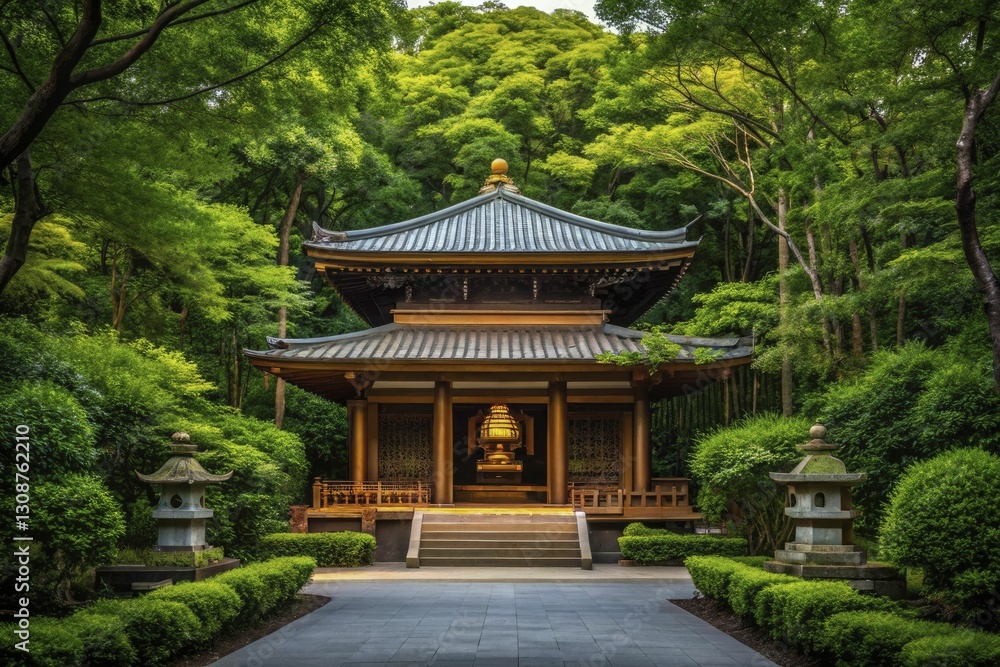 Serene traditional temple, nestled amidst lush green foliage Serene traditional temple, nestled amidst lush green foliage