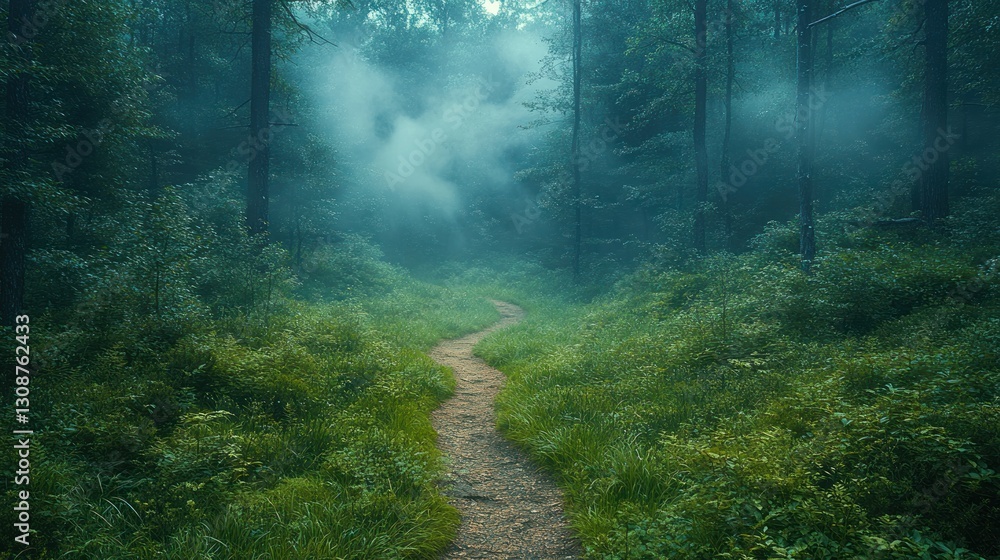 Misty forest path winds through lush greenery, fog in background Misty forest path winds through lush greenery, fog in background