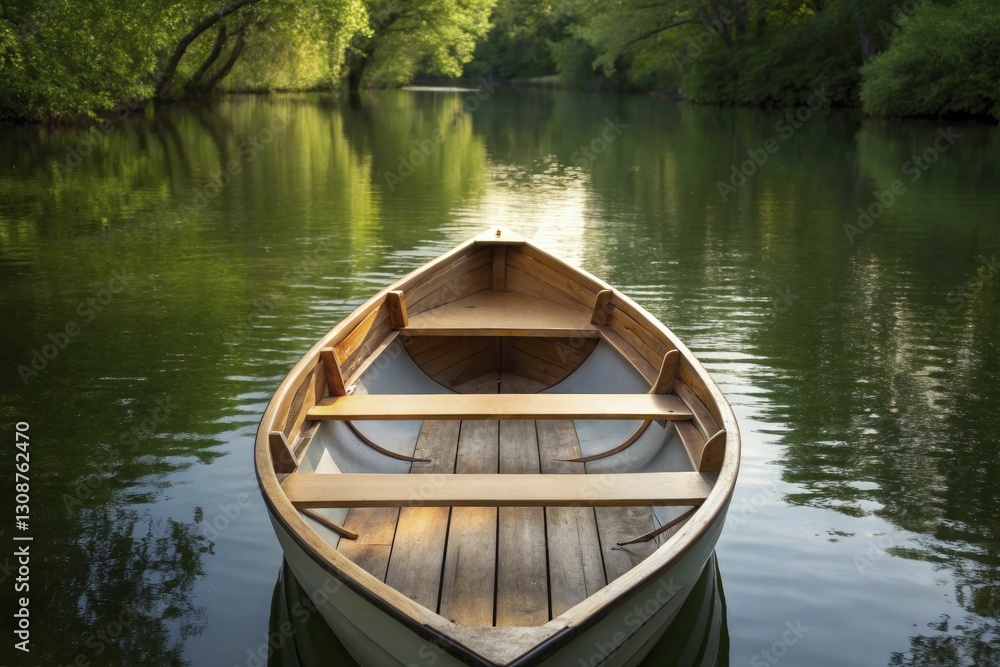 Wooden boat floats gently on serene, tree-lined river. Wooden boat floats gently on serene, tree-lined river.