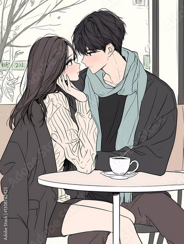Korean Manga Illustration of Hot Couple Dating: K-Pop Inspired Romance