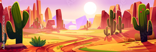 Wild West desert landscape with cactus plants and rocky formations during sunrise. Vibrant orange and pink sky illuminates sandy terrain. Cartoon canyon scenery for western themed game backgrounds.