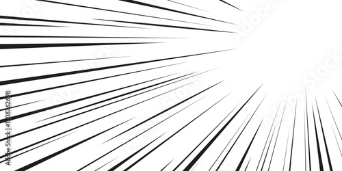 Line speed effect with radiating black stripes on white background. Comic manga style motion outlines with dynamic perspective. Visual effect for action sequence, explosion impact or rapid movement.