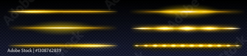Neon laser beam collection in golden yellow colors on transparent background. Various horizontal light effects with different intensity and glow patterns. Bright luminous rays for game design.