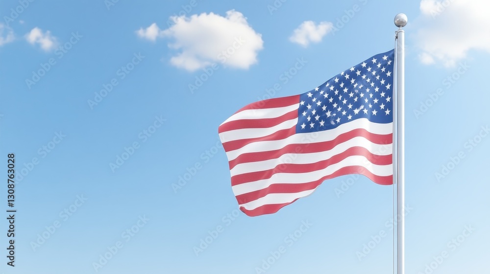 American flag waving on a pole against a blue sky with clouds, symbolizing freedom and patriotism. American flag waving on a pole against a blue sky with clouds, symbolizing freedom and patriotism.