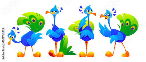 Cartoon peacock characters with cute expressions in different poses. Playful design of blue bodies with bright orange beaks, striped legs and yellow feet, green tail feathers with colorful eyespots.