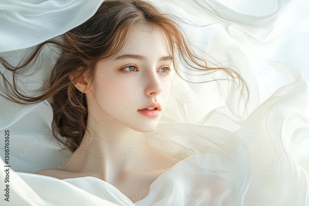 Soft fabrics enveloping serene face create an ethereal atmospher Soft fabrics enveloping serene face create an ethereal atmospher