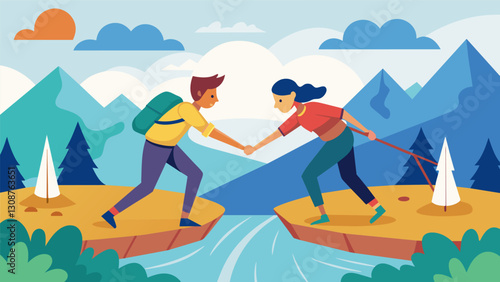 Two friends helping each other over a tricky river crossing working together to conquer the obstacles on their hike.. Vector illustration