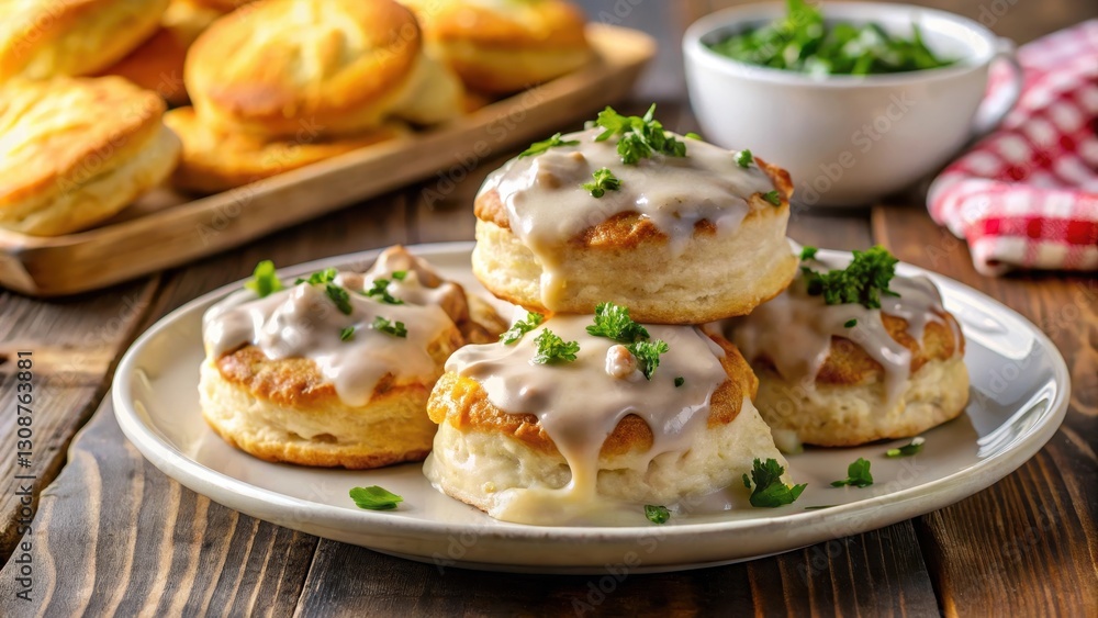 Flaky pastry biscuits covered in a rich and savory sausage gravy, with a side of golden-brown butter for added indulgence Flaky pastry biscuits covered in a rich and savory sausage gravy, with a side of golden-brown butter for added indulgence