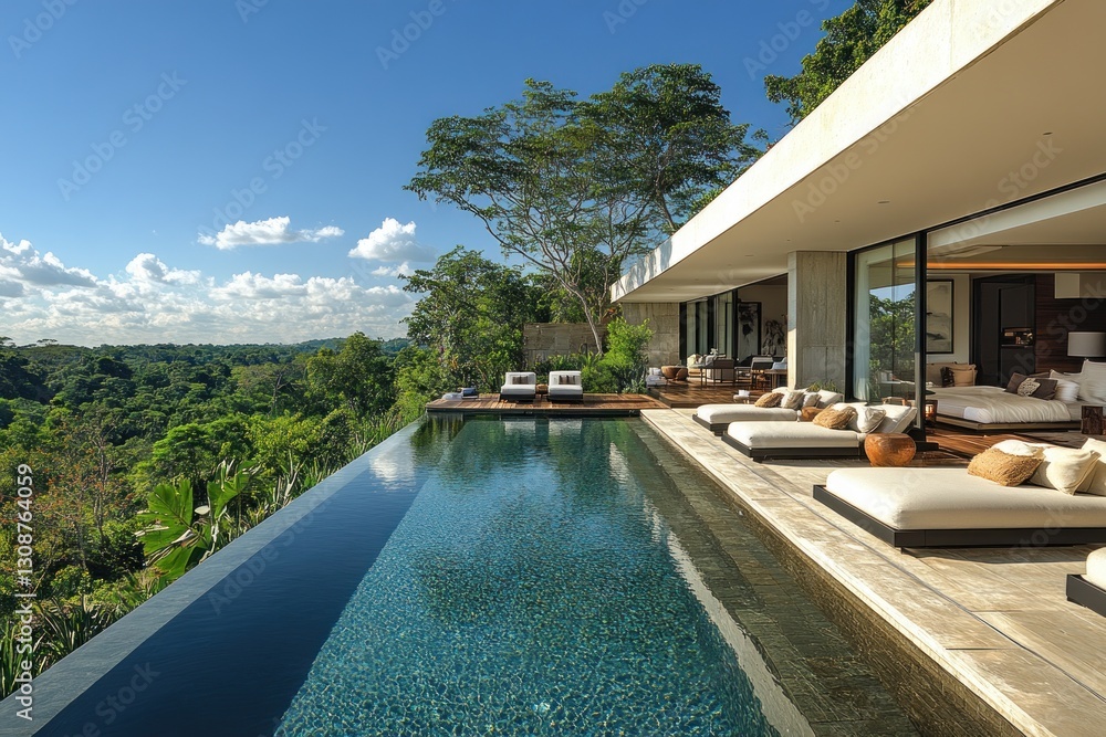 Fototapeta premium Infinity pool at jungle villa overlooking tropical valley