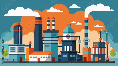 The smelting plants energy consumption was massive with generators and boilers working nonstop to keep furnaces and machines running at full capacity.. Vector illustration
