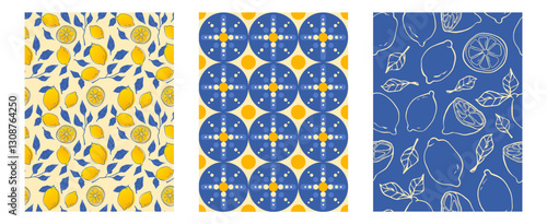 Amalfi pattern set with Mediterranean lemon motifs in yellow and blue. Design elements fruit with leaves, geometric circles with dots and outline citrus drawings. Elegant prints for textiles.