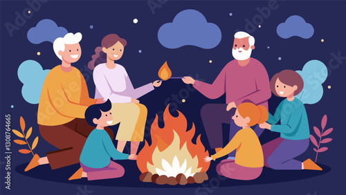 The warmth of a bonfire as multiple generations gather around to roast marshmallows and tell stories.. Vector illustration