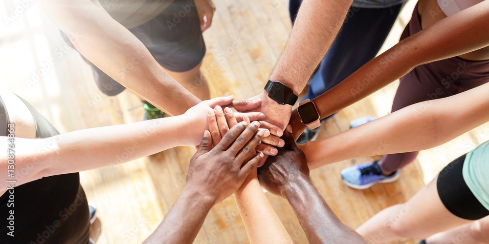 Fototapeta premium Diverse group of men and women, putting hands together in a circle. Teamwork, unity, and collaboration emphasized. Hands in unity, showing teamwork and collaboration. Team stacking hands together.