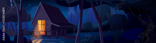 Log cabin in night forest with glowing window. Small wooden house surrounded by trees under moonlight. Cozy wilderness retreat. Dark blue scene for camping illustration or mystery game background.