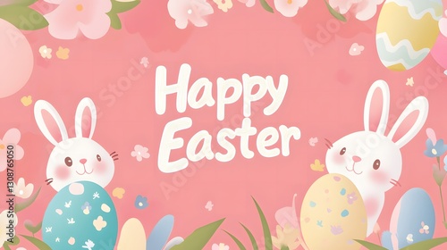 Easter Background with Cute Bunnies, Eggs, and Flowers. Happy Easter Celebration. Pink Background, Adorable Bunny Characters, Colorful Eggs, Floral Elements