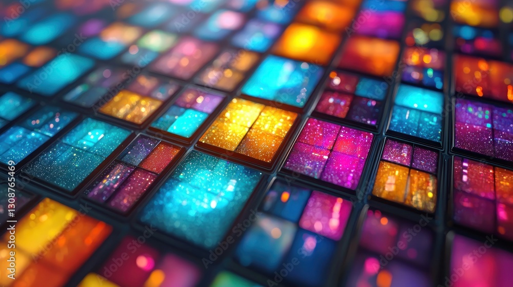A vibrant mosaic tile arrangement with sparkling colorful light effects A vibrant mosaic tile arrangement with sparkling colorful light effects