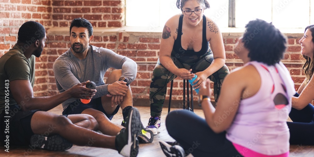 Fototapeta premium Group of diverse people in workout attire sitting in gym, smiling and chatting. Casual, relaxed atmosphere in cozy gym. Diverse people relax and enjoy at fitness studio. Diverse fit people relaxing