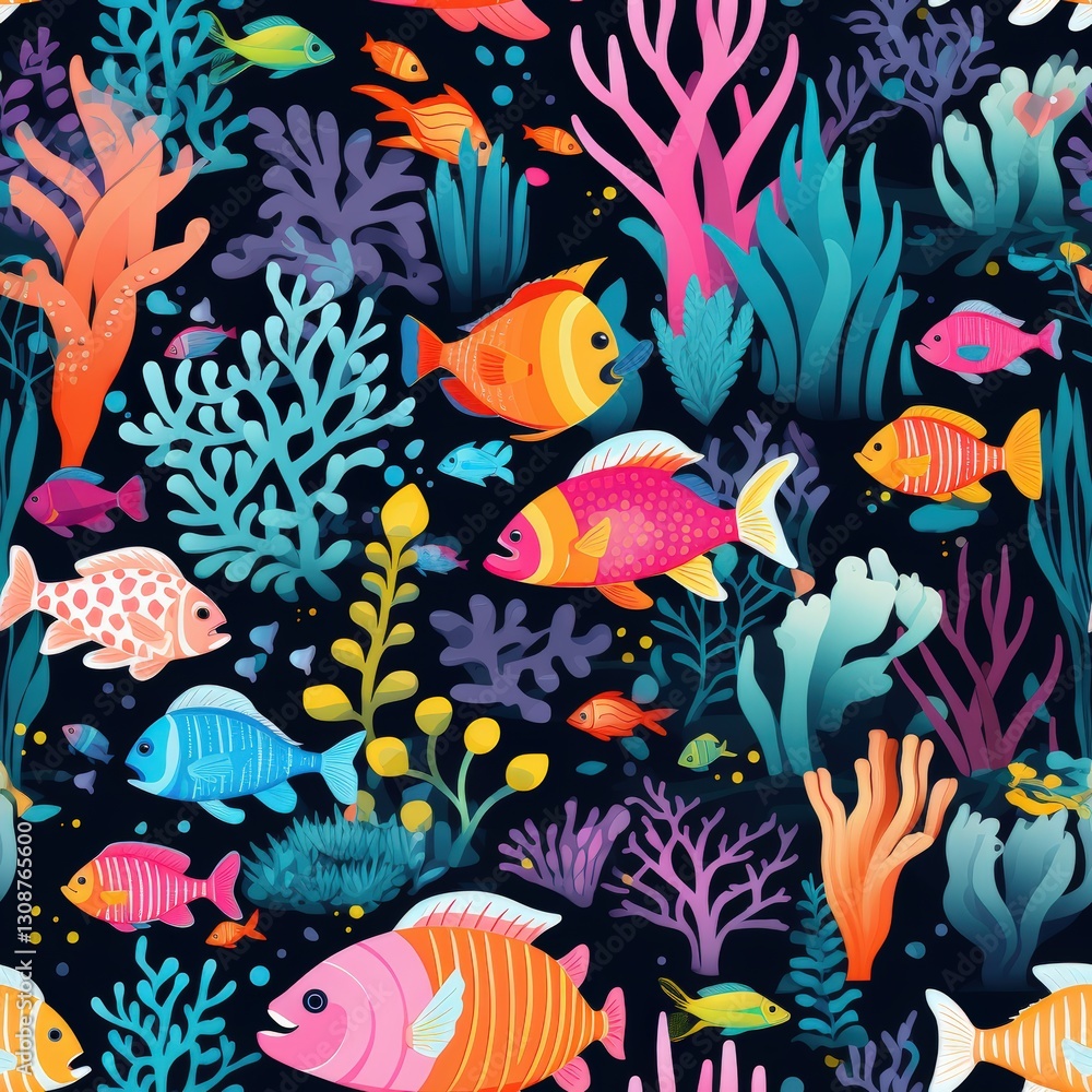 A vibrant and detailed seamless pattern featuring a lively underwater coral reef filled with exotic fish, diverse coral formations, and aquatic plants. A vibrant and detailed seamless pattern featuring a lively underwater coral reef filled with exotic fish, diverse coral formations, and aquatic plants.