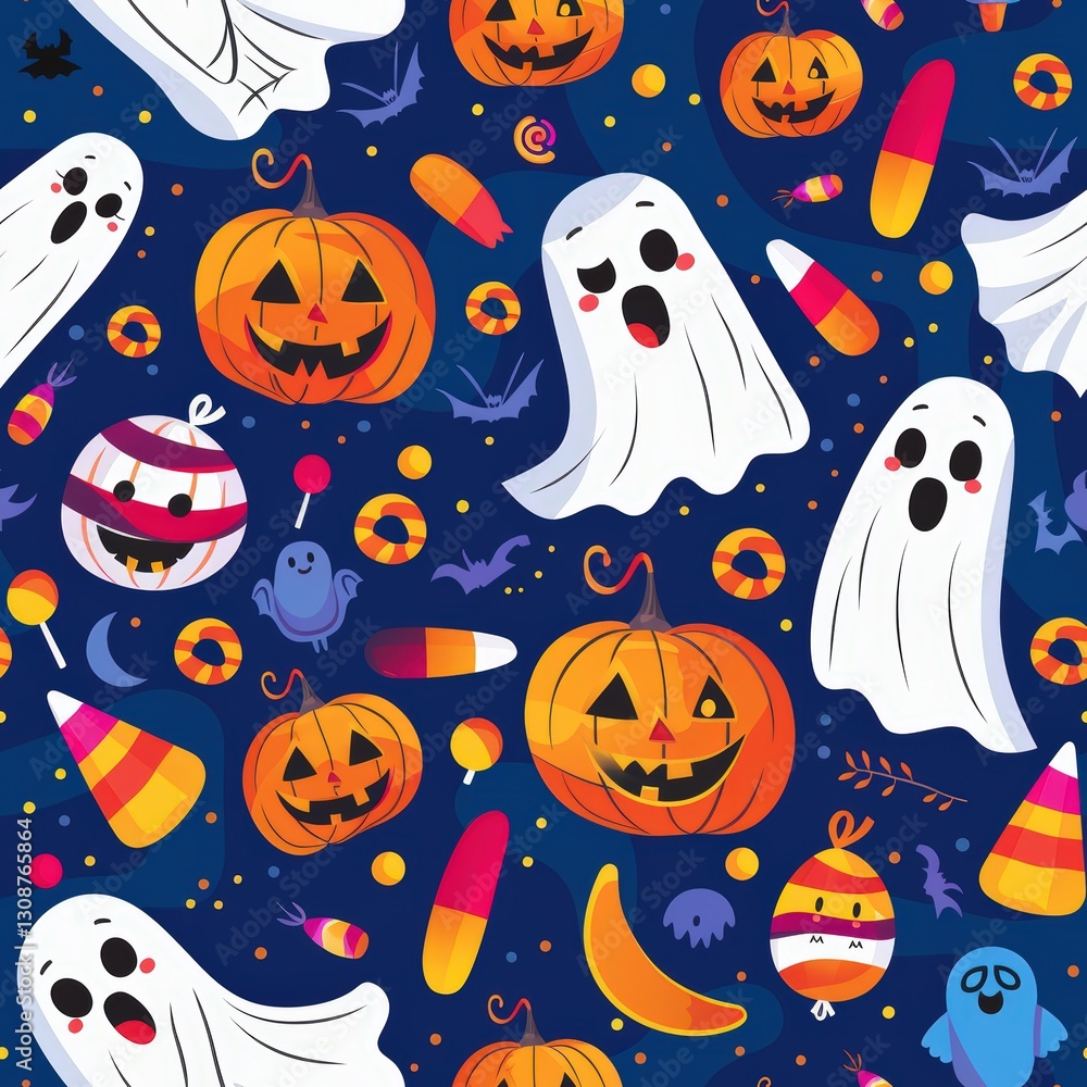 A fun and colorful seamless Halloween pattern featuring spooky ghosts, grinning jack-o'-lanterns, bats, candy corn, and festive treats set against a deep blue background. A fun and colorful seamless Halloween pattern featuring spooky ghosts, grinning jack-o'-lanterns, bats, candy corn, and festive treats set against a deep blue background.