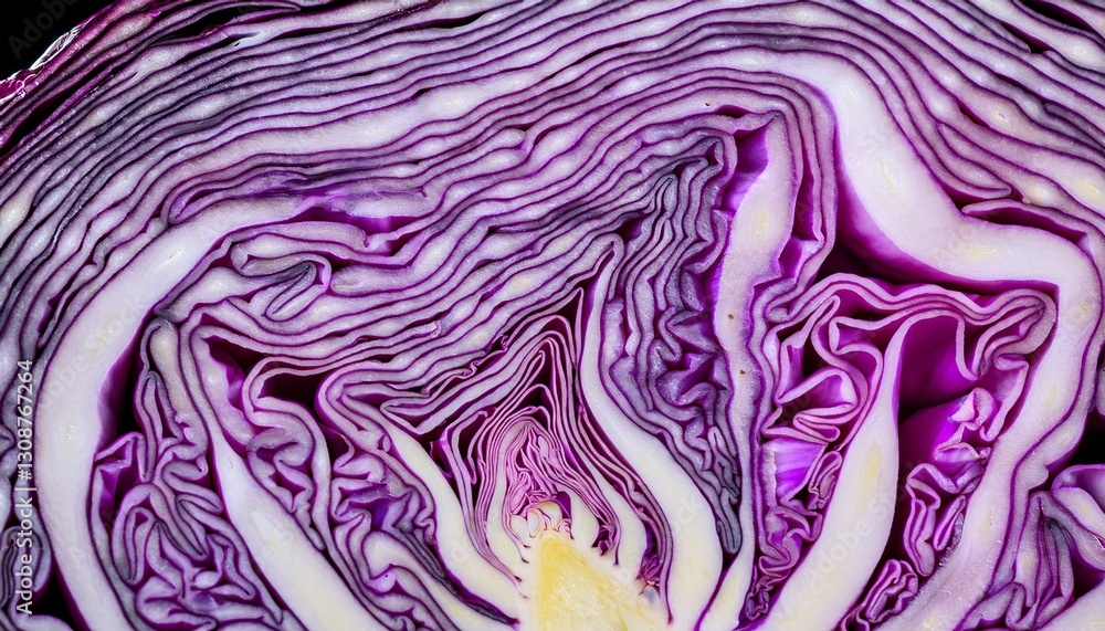 Obraz premium Macro photograph of a purple cabbage cross-section, highlighting its mesmerizing natural fractal patterns, vibrant colors, and intricate texture. 