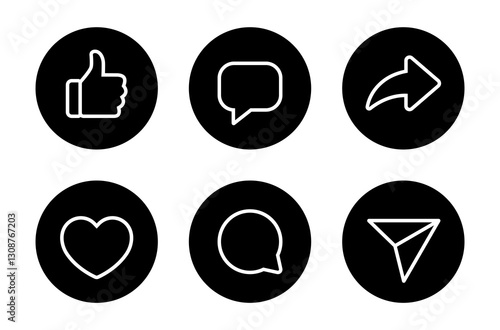 Like, comment, and share icon on black circle. Love, speech bubble, and repost arrow outline sign symbol