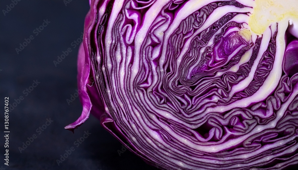 Obraz premium Macro photograph of a purple cabbage cross-section, highlighting its mesmerizing natural fractal patterns, vibrant colors, and intricate texture. 