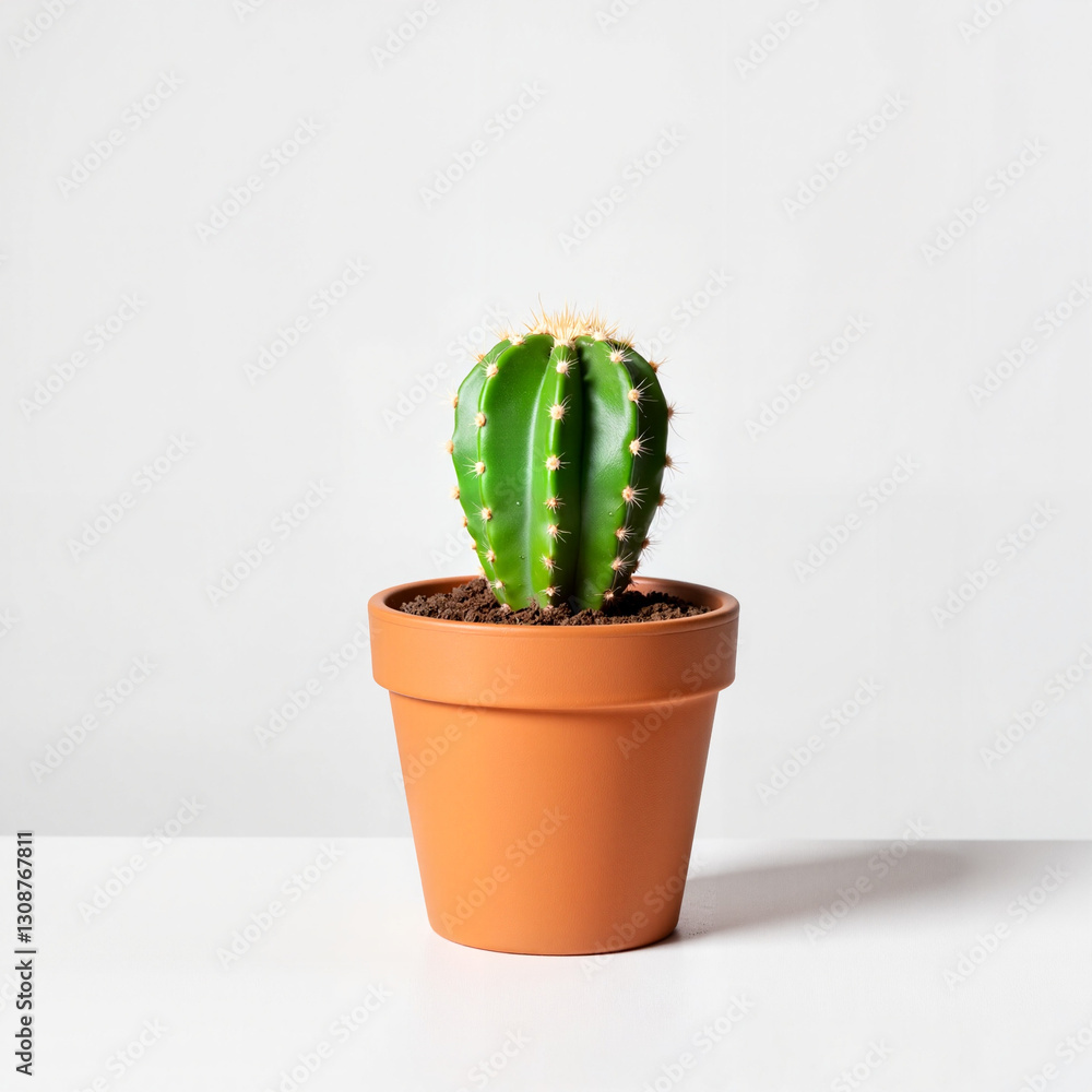 Vibrant green cactus in terra-cotta pot on white surface, natural beauty Vibrant green cactus in terra-cotta pot on white surface, natural beauty