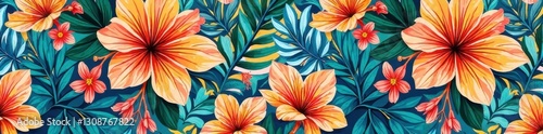 Intricate hand-drawn tropical floral pattern, seamless repeat, design, stock