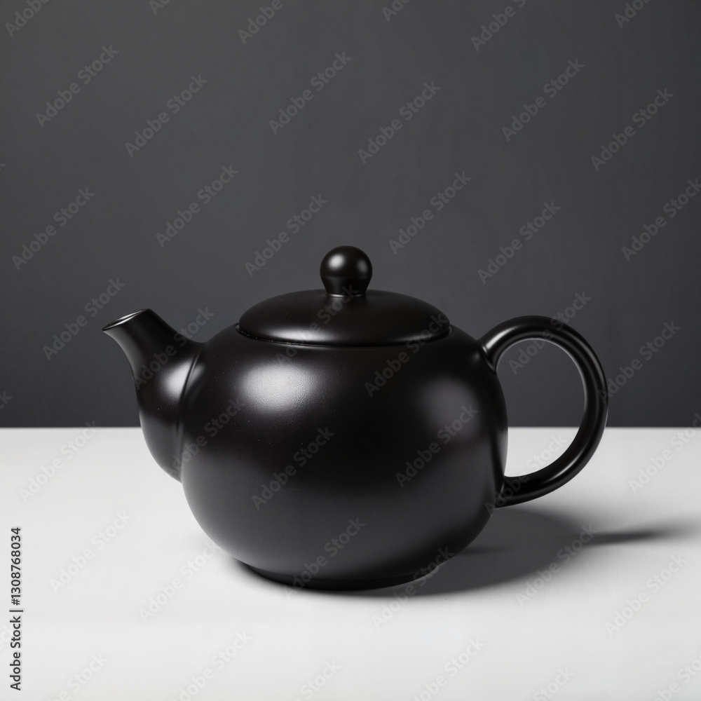Sleek black ceramic teapot on polished white surface, modern elegance Sleek black ceramic teapot on polished white surface, modern elegance