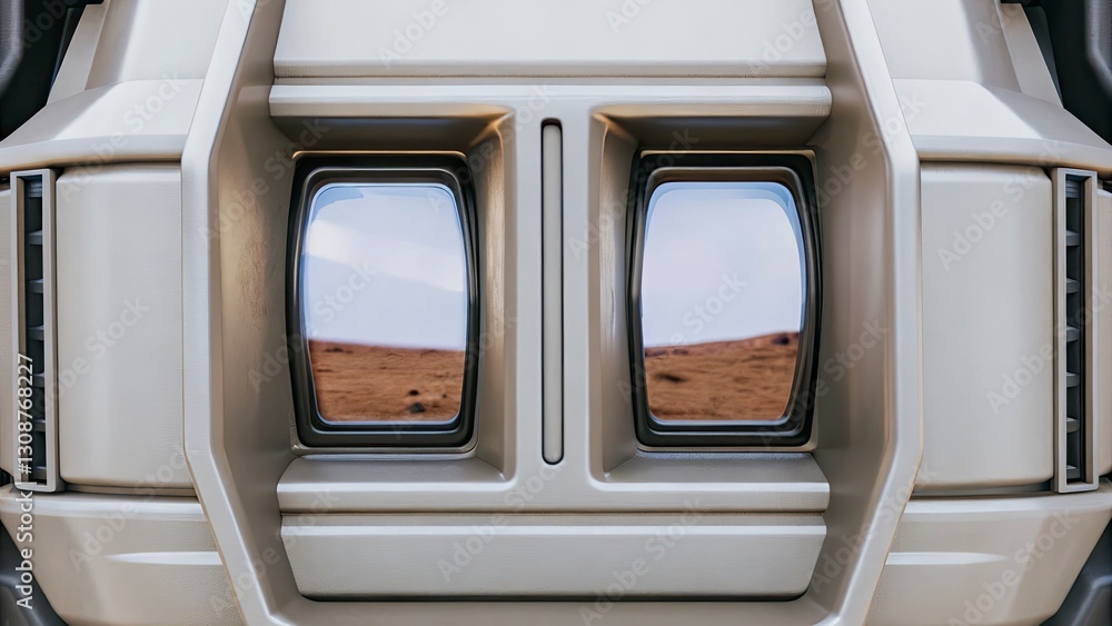 Fototapeta premium Futuristic vehicle's windows reflect vast desert landscape.