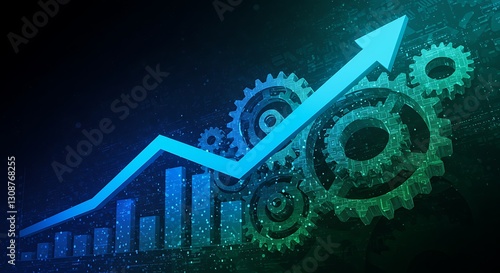 Glowing Blue Growth Chart with Interlocking Gears: A 3D Render Visualization AI Generated