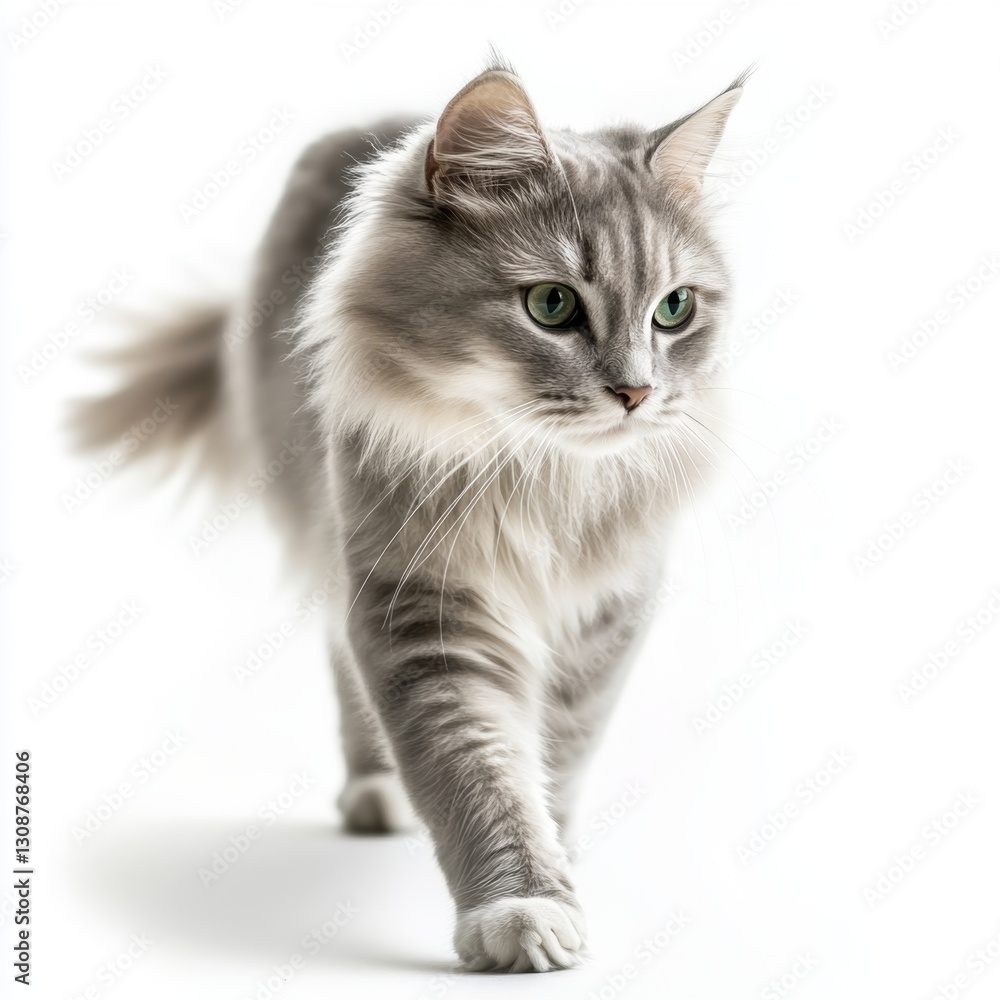 Obraz premium Gray Fluffy Cat Walking on White Background