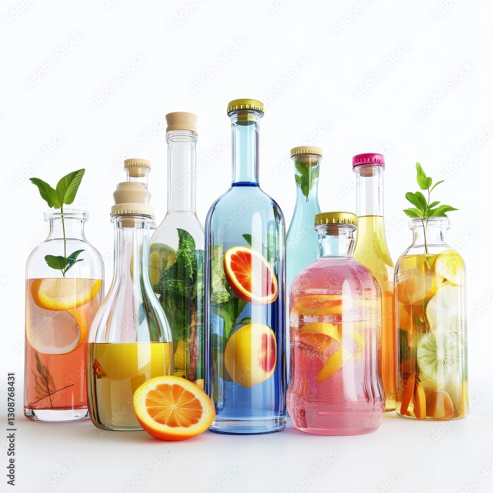Assorted Bottles of Infused Water with Fresh Fruits and Herbs Assorted Bottles of Infused Water with Fresh Fruits and Herbs