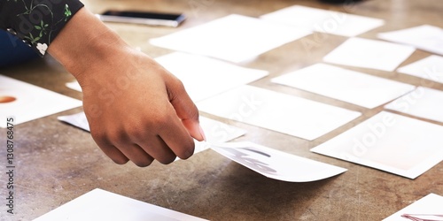 Tableau sur toile Close-up of hand arrange photos on the floor, planning ideas