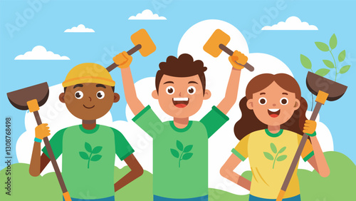 Smiling volunteers proudly hold up their shovels their faces smudged with dirt as they document their progress in reforestation efforts.. Vector illustration