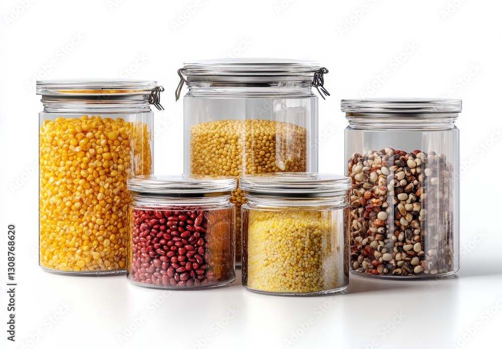 Collection of Transparent Jars Filled with Colorful Dried Ingredients Collection of Transparent Jars Filled with Colorful Dried Ingredients