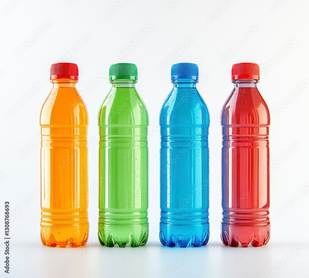 Colorful Bottles of Refreshing Beverages with Water Drops Colorful Bottles of Refreshing Beverages with Water Drops